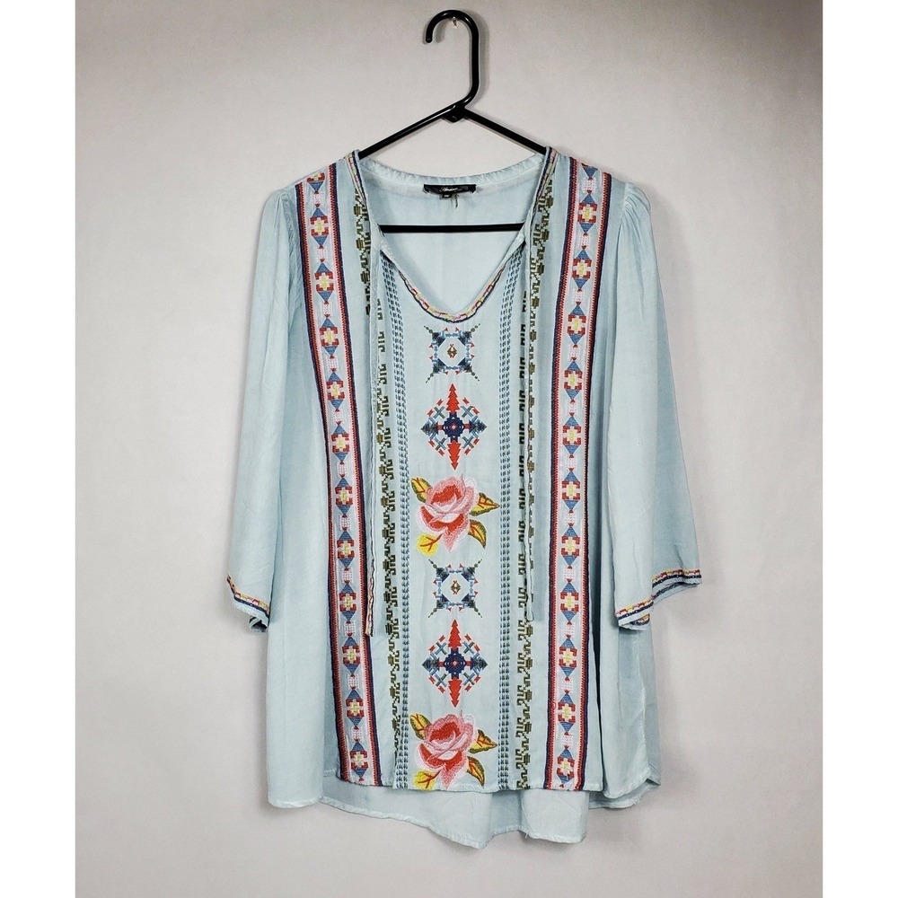 Andree by Unit Womens Light Blue Embroidered Boho Tassel Tunic Top M10956 Medium